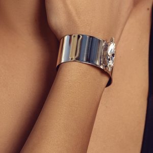 Parisian Clear Marquise Crystal Cuff Bracelet, Rhodium Metal 3.5cm Wide, Adjustable