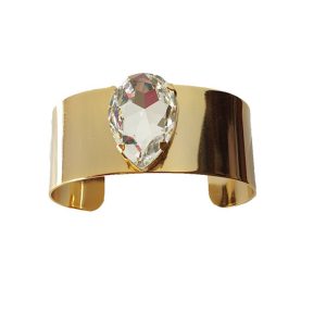 Manhattan Clear Crystal Teardrop Cuff Bracelet, Gold Metal 3.5cm Wide Adjustable
