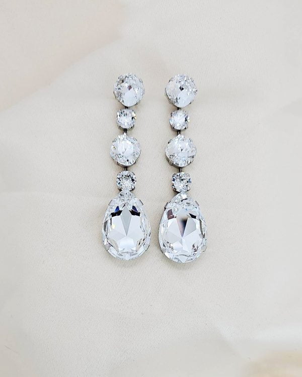 Astor Chiffon Magenta Clear Long Chandelier Earrings 8cm long crystal earrings, Rhodium Metal, handmade by Redki Couture Jewellery