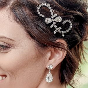 Whispers in the Night Scroll Crystal Hairpiece Petite, amd silver metal studs, bridal teardrop studs, Bridal Crystal earrings, bridal earrings handmade by Redki Couture Jewellery