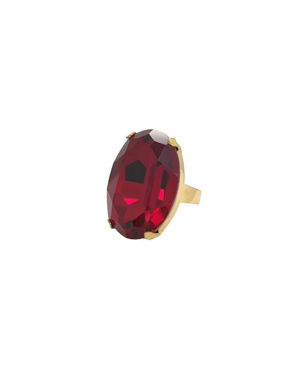 Dancing In The Dark Ring, Fire Red Oval 30mm Crystal, Gold Metal