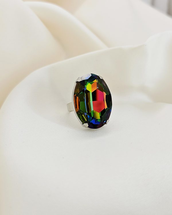Dancing In The Dark Ring, Iris multi-coloured Oval 30mm Crystal, Rhodium Metal