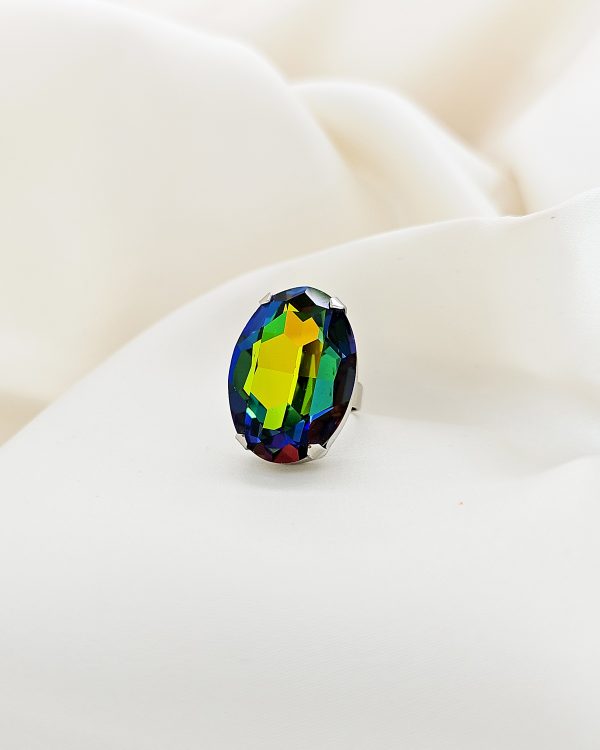 Dancing In The Dark Ring, Iris multi-coloured Oval 30mm Crystal, Rhodium Metal