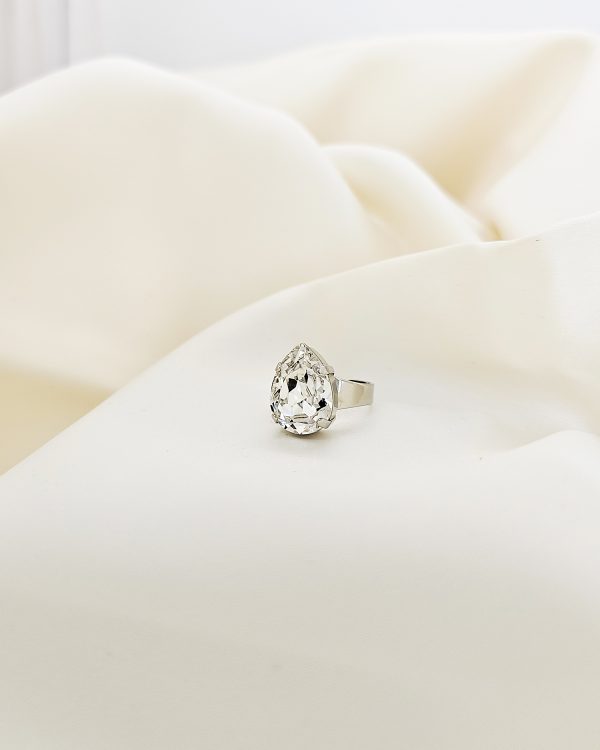 Manhattan Nights Clear Petite Ring, 18mm Teardrop Crystal, Silver Metal, handmade by Redki Couture Jewellery, made in Australia