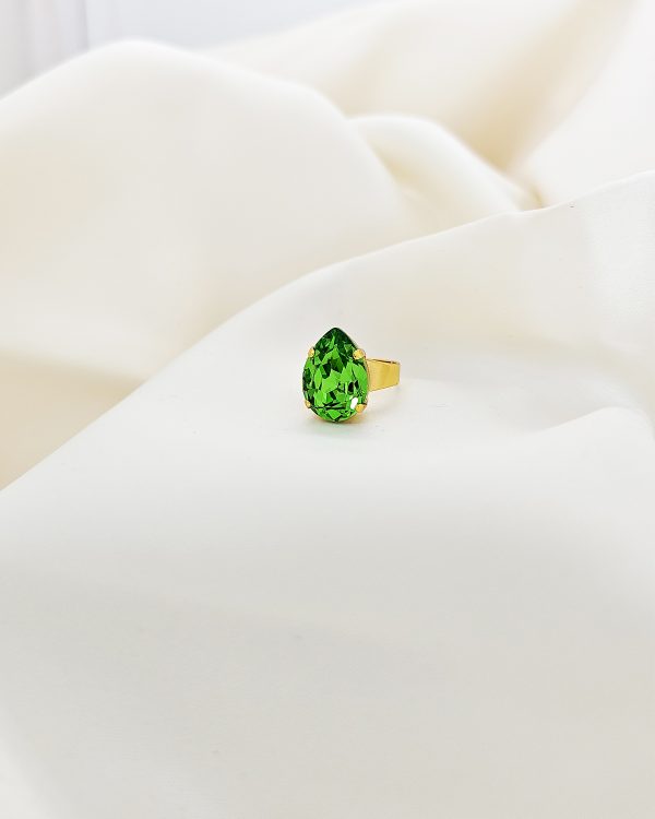 Manhattan Nights Chartreuse Green Petite Ring, 18mm Teardrop Crystal, Gold Metal, handmade by Redki Couture Jewellery, made in Australia
