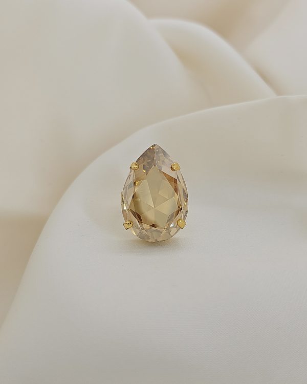Manhattan Nights Gold Crystal Ring, 3cm Teardrop Crystal, Silver Metal, handmade by Redki Couture Jewellery, made in Australia