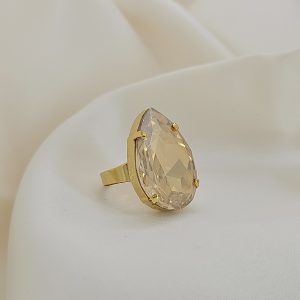 Manhattan Nights Gold Crystal Ring, 3cm Teardrop Crystal, Silver Metal, handmade by Redki Couture Jewellery, made in Australia