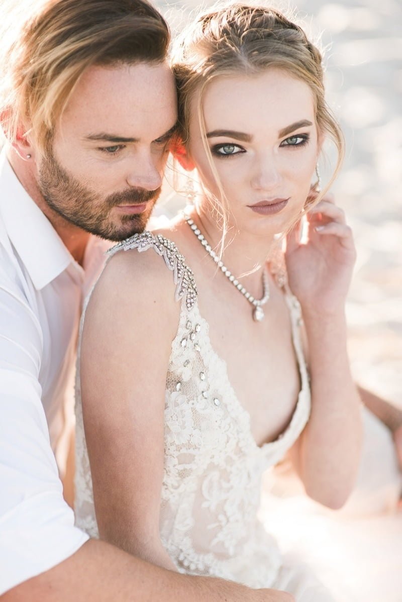 Dreamy Beach Bride, Beach Wedding, bridal Jewellery glistens in the sun, featuring Redki Couture Jewellery