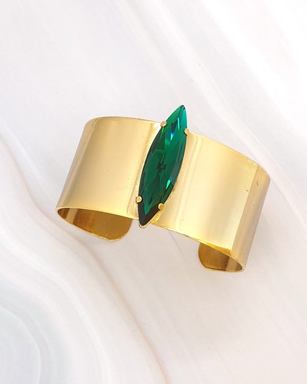 Parisian Gold Cuff Bracelet featuring Emerald Green Crystal, Gold Metal Cuff