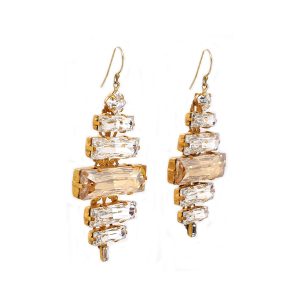 Martini Swings Gold Clear Crystal Baguette Earring, Gold Metal 6cm long, Diamond Shape