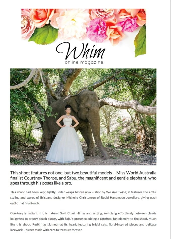 Redki Couture Jewellery featured in Whim Bride Magazine on beautiful bride Courtney Thorpe, Miss Australia World, wearing Bridal jewellery and Darb Bridal featured in Whim Magazine