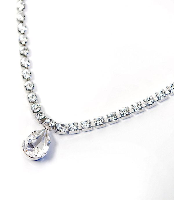 Stealing Kisses Teardrop Crystal Rhodium Silver Necklace Petite, teardrop pendant, rhodium, crystals, beautiful elegant necklace