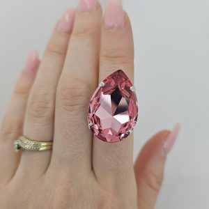 Manhattan Rose Pink Teardrop Crystal Ring, Rhodium Metal, 3cm long