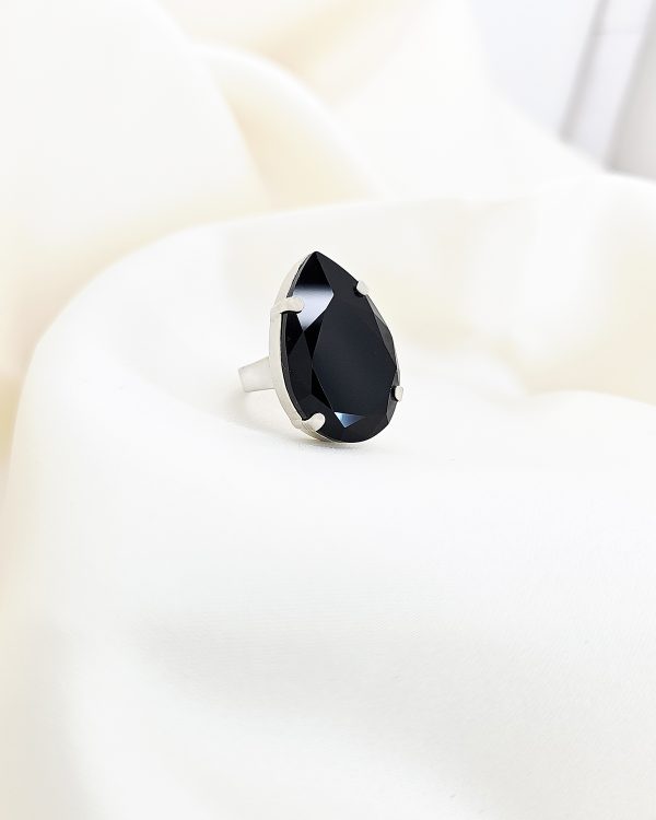 Sable Black 30mm Teardrop Crystal Rhodium Ring, Handmade in Australia