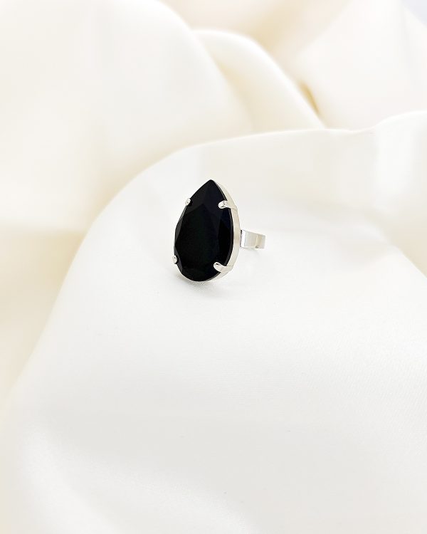 Sable Black 30mm Teardrop Crystal Rhodium Ring, Handmade in Australia