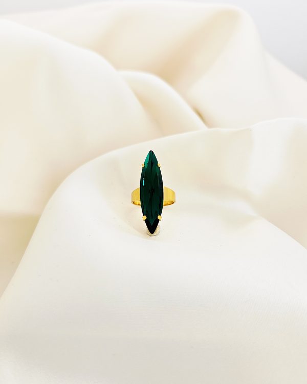 The Parisian Nights Sahara Gold Marquise 30mm Crystal Ring is a gorgeous ring worn for attention. A lovely ring made with premium Parisian Nights Sahara Gold Marquise 30mm crystal teardrop to sparkle onto gold metal. Elevate your style and are guaranteed to feel glamorous wearing this ring. Perfect formal ring, bridesmaids ring, evening ring, Parisian Nights Sahara Emerald Green Marquise 30mm ring