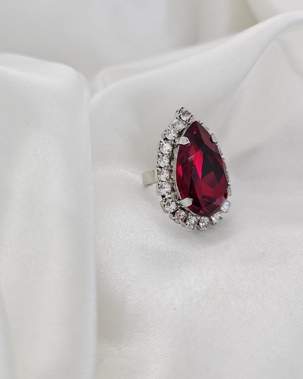 Moonlight Red Teardrop Crystal 4cm Ring Rhodium Metal