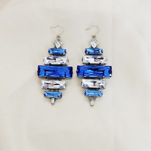 Martini Swings Baguette Crystals, Diamond Shaped 6cm Earrings, Rhodium Metal, Martini Swings Blue and Clear Baguette Earrings
