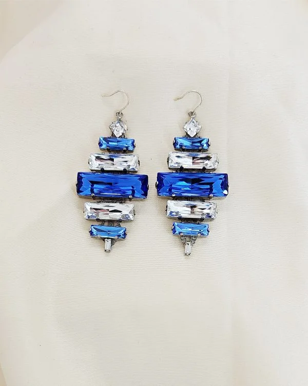 Martini Swings Baguette Crystals, Diamond Shaped 6cm Earrings, Rhodium Metal, Martini Swings Blue and Clear Baguette Earrings