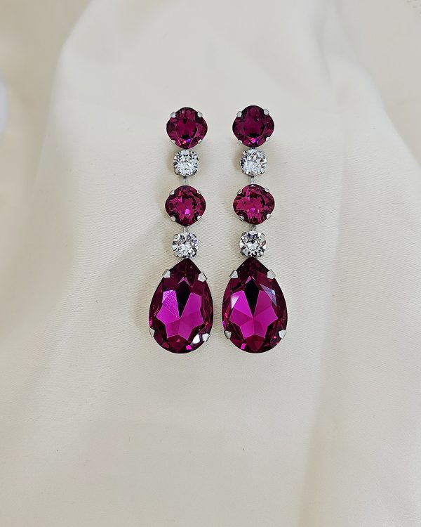 Astor Chiffon Magenta Pink and Clear Long Chandelier Earrings 8cm long pink earrings, Rhodium Metal, handmade by Redki Couture Jewellery