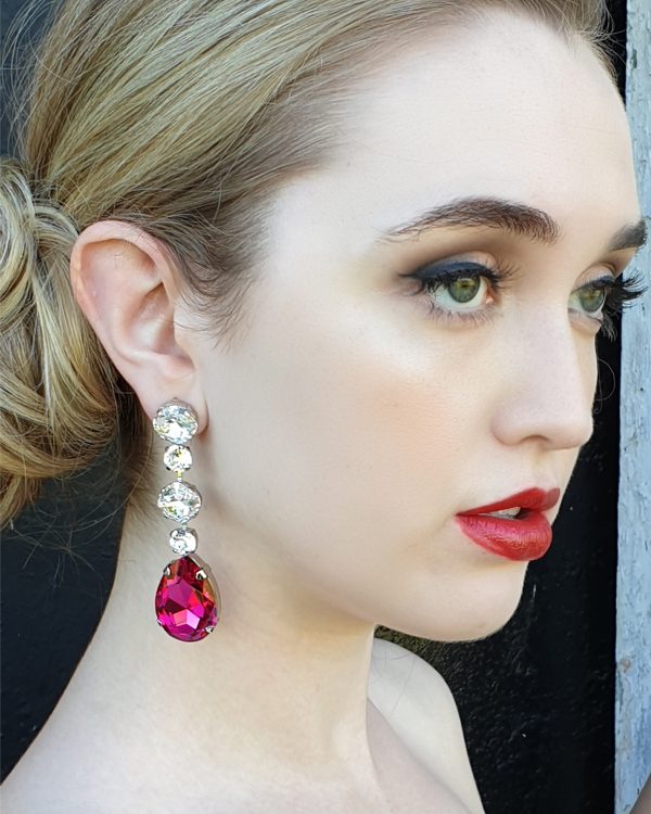 Astor Magenta Pink Long Chandelier Earrings 8cm long earrings, Rhodium Metal, handmade by Redki Couture Jewellery