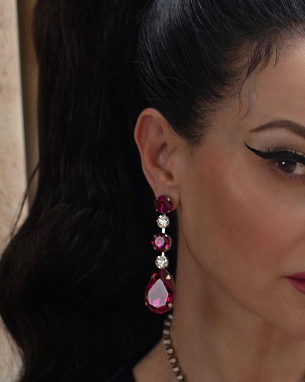 Astor Magenta Pink Long Chandelier Earrings, Formal long earrings 8cm long earrings, Rhodium Metal, handmade by Redki Couture Jewellery