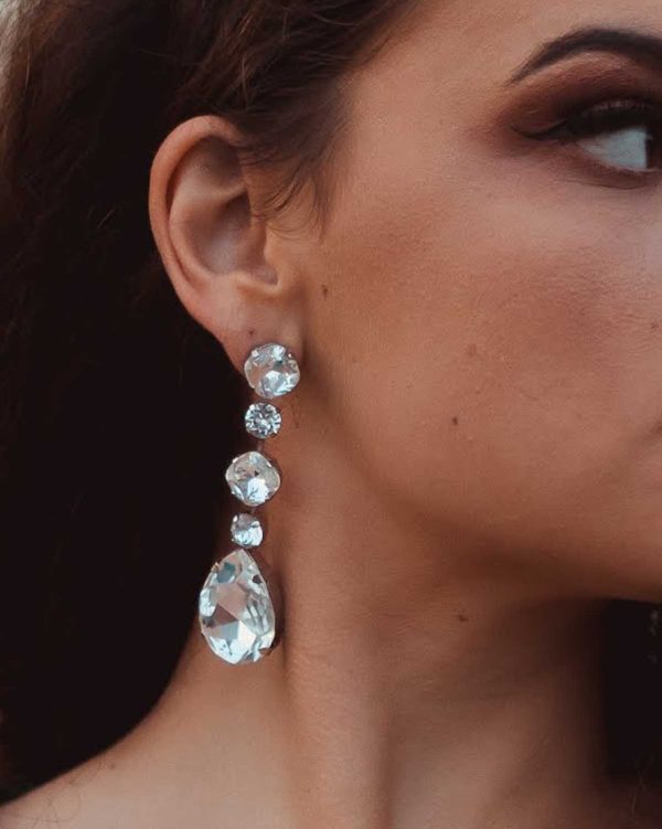 Astor Chiffon Clear Long Chandelier Earrings 8cm long earrings, Rhodium Metal, handmade by Redki Couture Jewellery