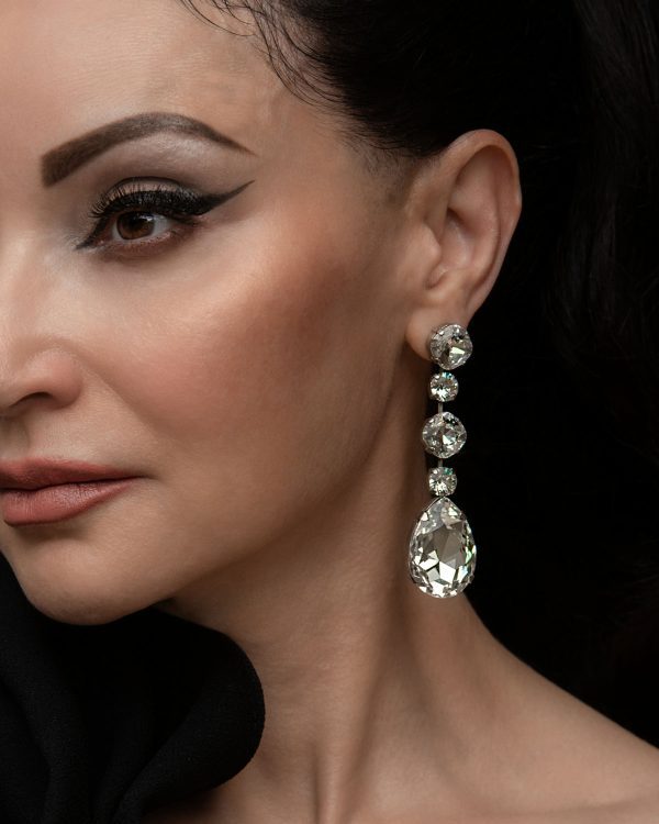 Astor Chiffon Clear Long Chandelier Earrings 8cm long earrings, Rhodium Metal, handmade by Redki Couture Jewellery