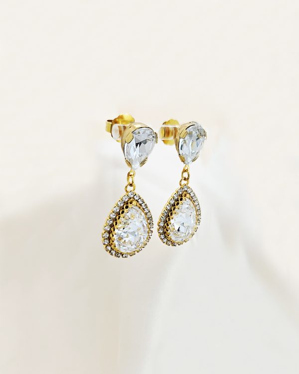 Milan Sahara Clear Teardrop Earrings, 4.5cm long earrings, Gold Metal, handmade by Redki Couture Jewellery
