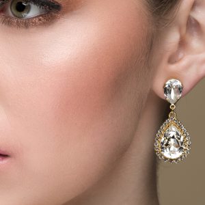 Milan Clear Gold Crystal Teardrop Bridal Earrings, 4cm Long, Gold Metal