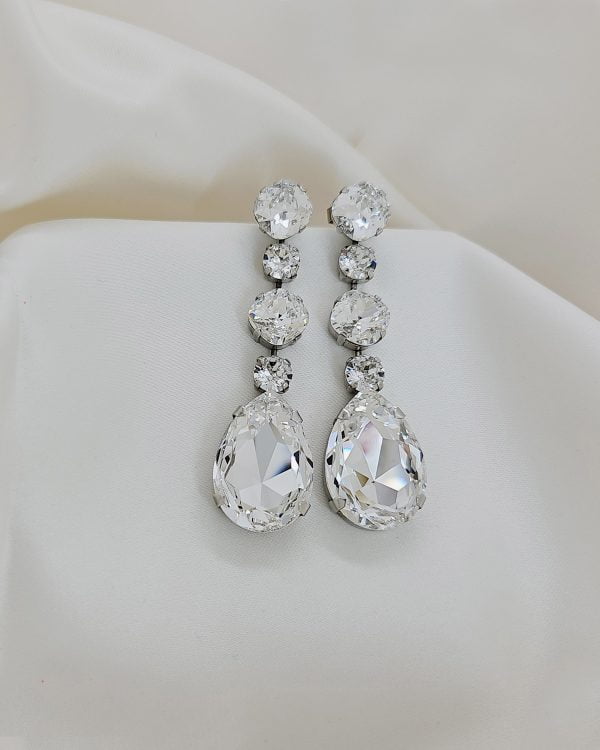 Astor Chiffon Clear Long Chandelier Earrings 8cm long earrings, Rhodium Metal, handmade by Redki Couture Jewellery