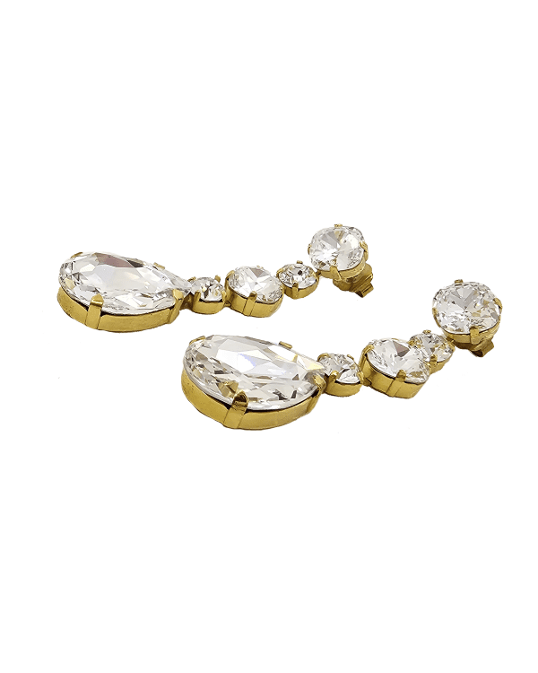 Astor Chiffon Clear Long Chandelier Earrings 8cm long earrings, 22ct hard gold Metal, handmade by Redki Couture Jewellery, made in Australia