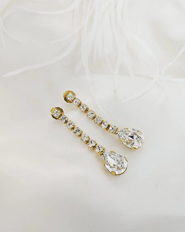 Hold Me Tight Long Teardrop Crystal Earrings, 5cm long, Gold Metal Studs