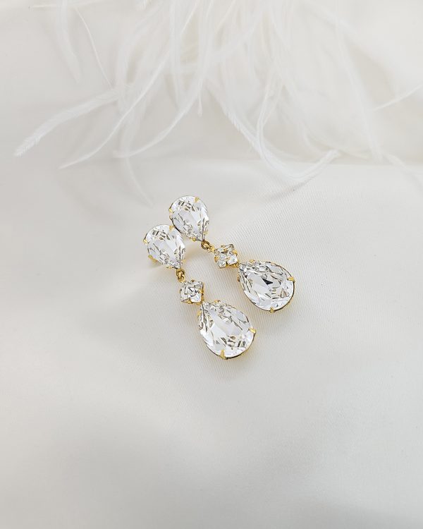 Stealing Kisses Clear Teardrop Earrings, Perfect bridal earrings for your wedding day, finished in Gold Metal, handmade by Redki Couture Jewellery