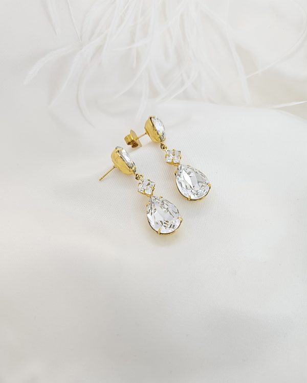 Stealing Kisses Clear Teardrop Earrings, Perfect bridal earrings for your wedding day, finished in Gold Metal, handmade by Redki Couture Jewellery