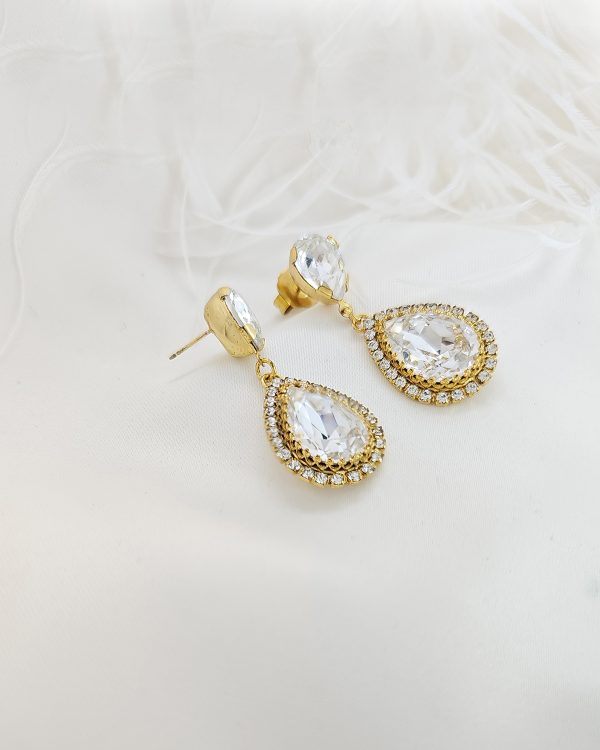 Milan Sahara Clear Teardrop Earrings, Perfect bridal earrings for your wedding day, finished in Gold Metal, handmade by Redki Couture Jewellery