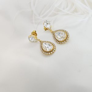 Milan Sahara Clear Teardrop Earrings, 4.5cm long earrings, Gold Metal, handmade by Redki Couture Jewellery