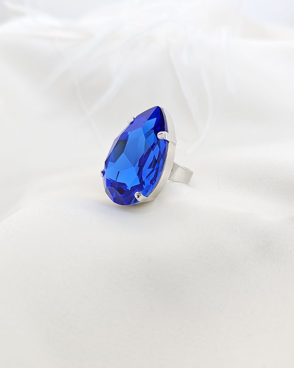 Manhattan Nights Peacock Blue Ring 3cm Crystal, Rhodium Metal, handmade in Australia, by Redki Couture Jewellery