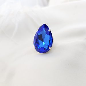 Manhattan Peacock Blue Teardrop Crystal Ring, Rhodium Metal, 3cm long