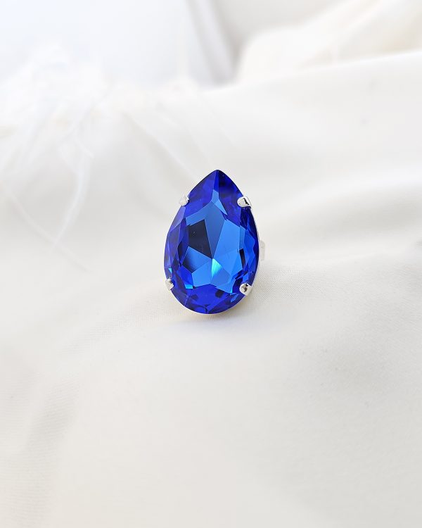 Manhattan Nights Peacock Blue Ring 3cm Crystal, Rhodium Metal, handmade in Australia, by Redki Couture Jewellery
