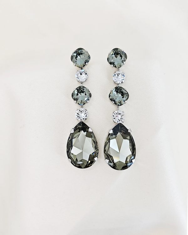Astor Chiffon Grey and Clear Long Chandelier Earrings 8cm long earrings, Rhodium Metal, handmade by Redki Couture Jewellery, 8cm Grey Clear Crystal Chandelier Earrings