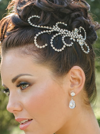 Bridal Hairpiece featuring sparkling crystals, handmade by Redki Couture jewellery, Bridal Hairpiece featuring sparkling crystals, scroll hairpiece, wedding hairpiece