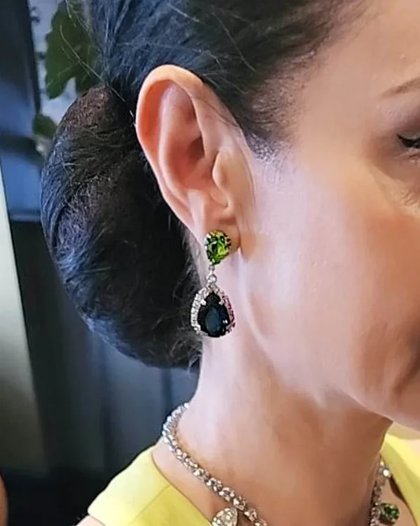 Milan Sahara Green Teardrop Earrings, 4.5cm long earrings, Silver Metal, handmade by Redki Couture Jewellery