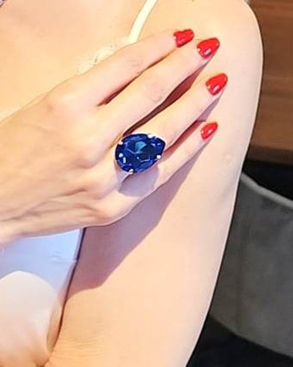 Manhattan Nights Peacock Blue Ring 30mm Crystal, Rhodium Metal, handmade in Australia, by Redki Couture Jewellery