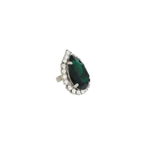 Moonlight Romance Ring, Emerald Green Teardrop 4cm Crystal, Rhodium Metal
