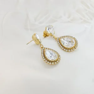 Milan Clear Crystal Teardrop Earring, Gold Metal, 4cm long