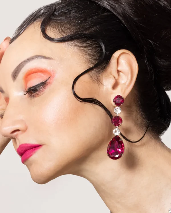 Discover the Astor Pink Crystal 8cm Earrings—handcrafted luxury featuring magenta pink and chiffon clear crystals. Elevate any look with timeless elegance. Shop now!