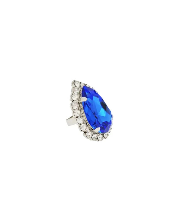 Moonlight Peacock Blue Cocktail Ring, Blue Teardrop 4cm Crystal, Rhodium Metal