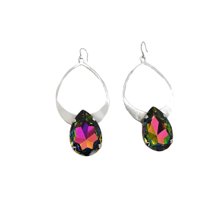 Vogue Teardrop Multi-Coloured Crystal, Silver Teardrop Metal Earrings, Silver Metal Earrings, 7cm long, Made in Australia, Redki Couture Jewellery