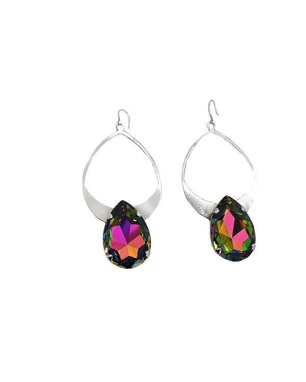 Vogue Teardrop Multi-Coloured Crystal, Silver Teardrop Metal Earrings, Silver Metal Earrings, 7cm long, Made in Australia, Redki Couture Jewellery